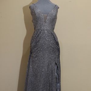 The Secret Dress in gray with rhinestones with slit in size 10